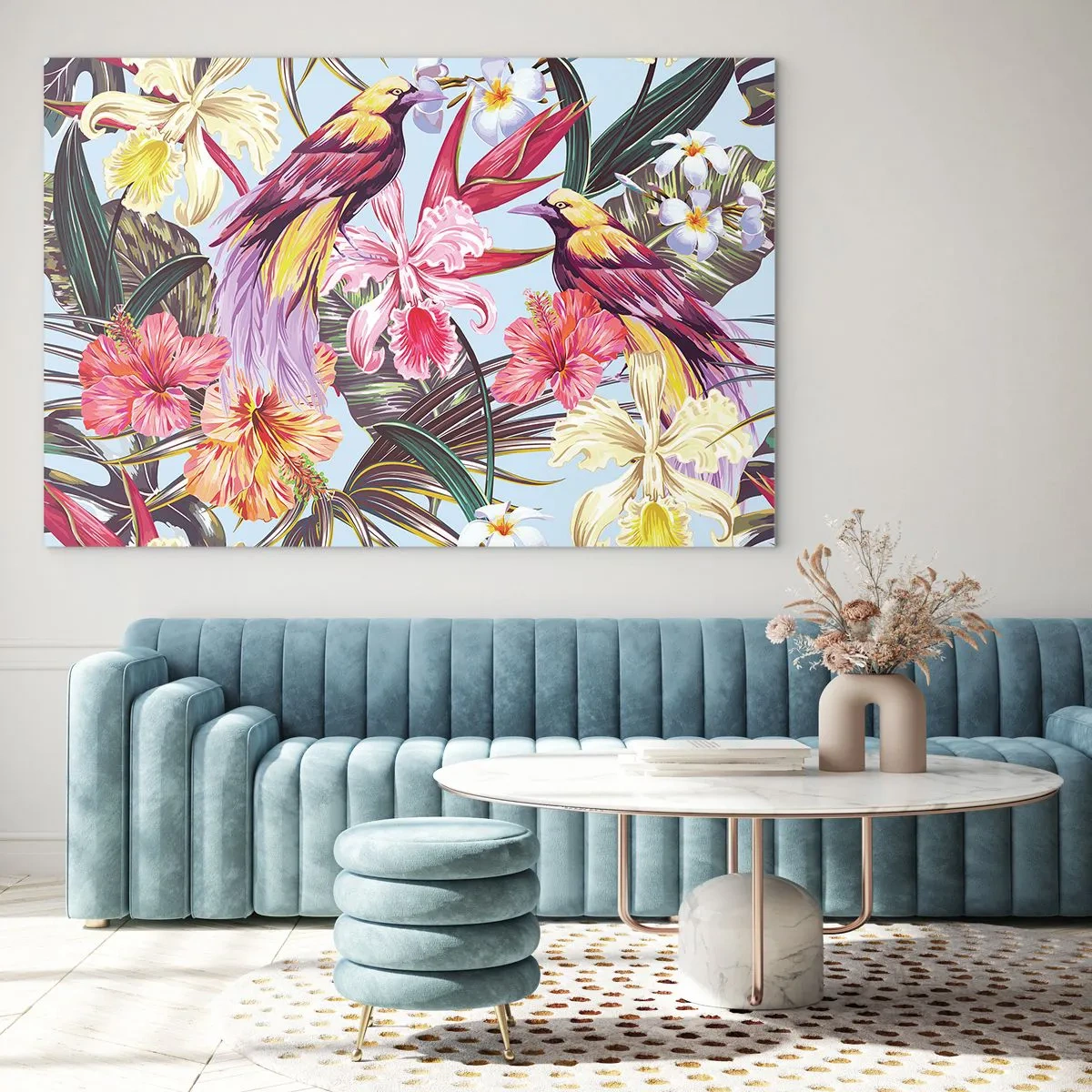 Impression sur verre - Image sur verre - Oiseaux et fleurs exotiques sur fond clair - 70x50cm - Pétales et plumes - Décoration murale moderne pour le salon et la chambre ARTTOR