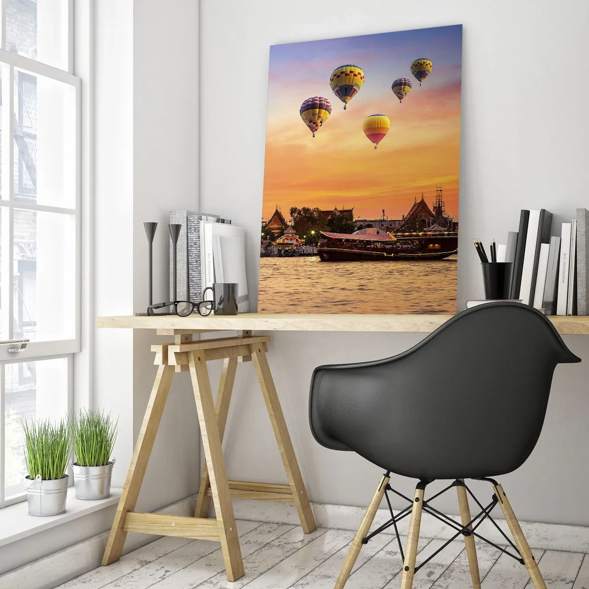 Impression sur verre - Image sur verre - Un temple et des ballons sur fond de soleil couchant sur la rivière - 80x120cm - C'est ici que naissent les contes de fées - Décoration murale moderne pour le salon et la chambre ARTTOR