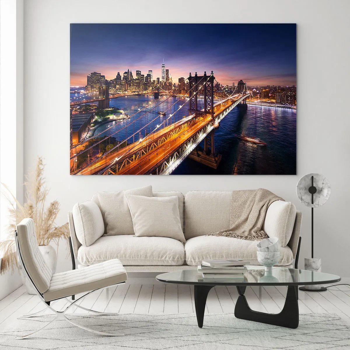 Impression sur verre - Image sur verre - Le pont sur fond de panorama urbain nocturne avec des gratte-ciel illuminés - 120x80cm - Un pont lumineux au cœur de la ville - Décoration murale moderne pour le salon et la chambre ARTTOR