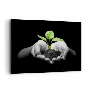 Impression sur toile - Image sur toile - Mains tenant une plante verte sur fond noir - 100x70cm - J'aime la nature, je la protège - Décoration murale moderne pour le salon et la chambre ARTTOR