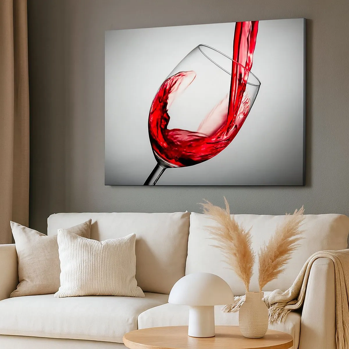 Impression sur toile - Image sur toile - Un verre de vin rouge versé sur un fond clair - 70x50cm - Nuance - mouvement - son - Décoration murale moderne pour le salon et la chambre ARTTOR