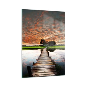 Impression sur verre - Image sur verre - Pont en bois sur la rivière au coucher du soleil - 50x70cm - Étendez vos bras - respirez - Décoration murale moderne pour le salon et la chambre ARTTOR