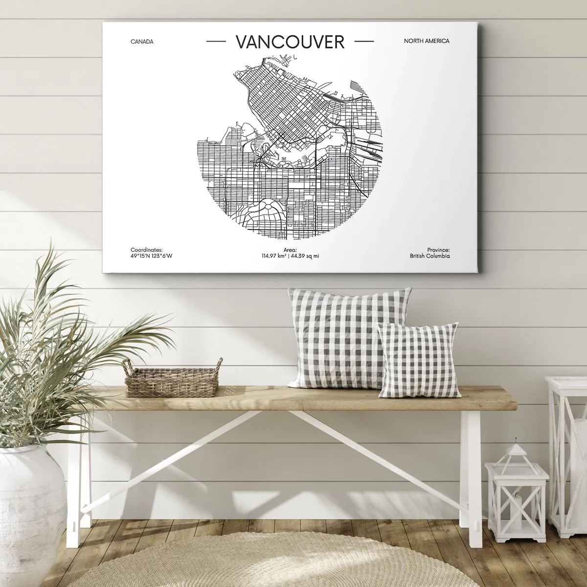 Impression sur toile - Image sur toile - Une carte de Vancouver dans un style minimaliste en noir et blanc - 70x50cm - Anatomie de Vancouver - Décoration murale moderne pour le salon et la chambre ARTTOR