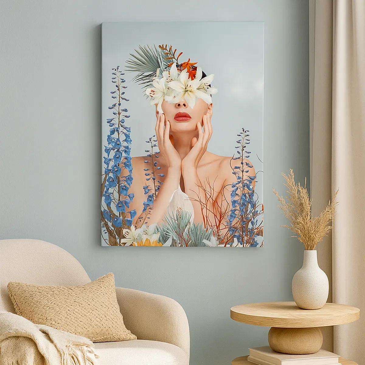 Impression sur toile - Image sur toile - Portrait d'une femme avec un motif floral sur fond bleu - 50x70cm - Femme - fleur - Décoration murale moderne pour le salon et la chambre ARTTOR