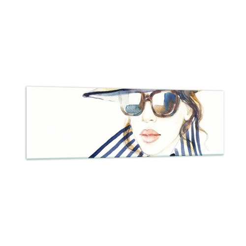 Impression sur verre - Image sur verre - Portrait d'une femme portant un chapeau et des lunettes de soleil - 160x50cm - La Floride vous souhaite la bienvenue ! - Décoration murale moderne pour le salon et la chambre ARTTOR