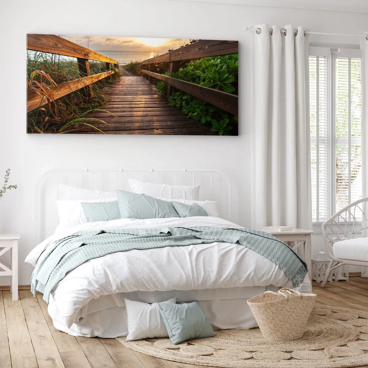 Impression sur toile - Image sur toile - Jetée en bois menant à la plage au coucher du soleil - 140x50cm - Tout droit vers le rivage - Décoration murale moderne pour le salon et la chambre ARTTOR
