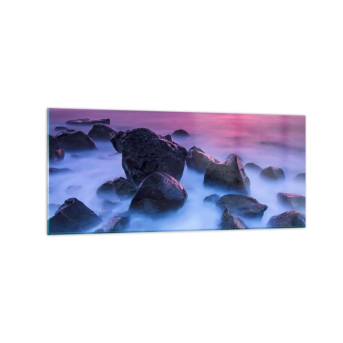 Impression sur verre - Image sur verre - Côte rocheuse au coucher du soleil - 120x50cm - Naissance dans la lumière et le brouillard - Décoration murale moderne pour le salon et la chambre ARTTOR