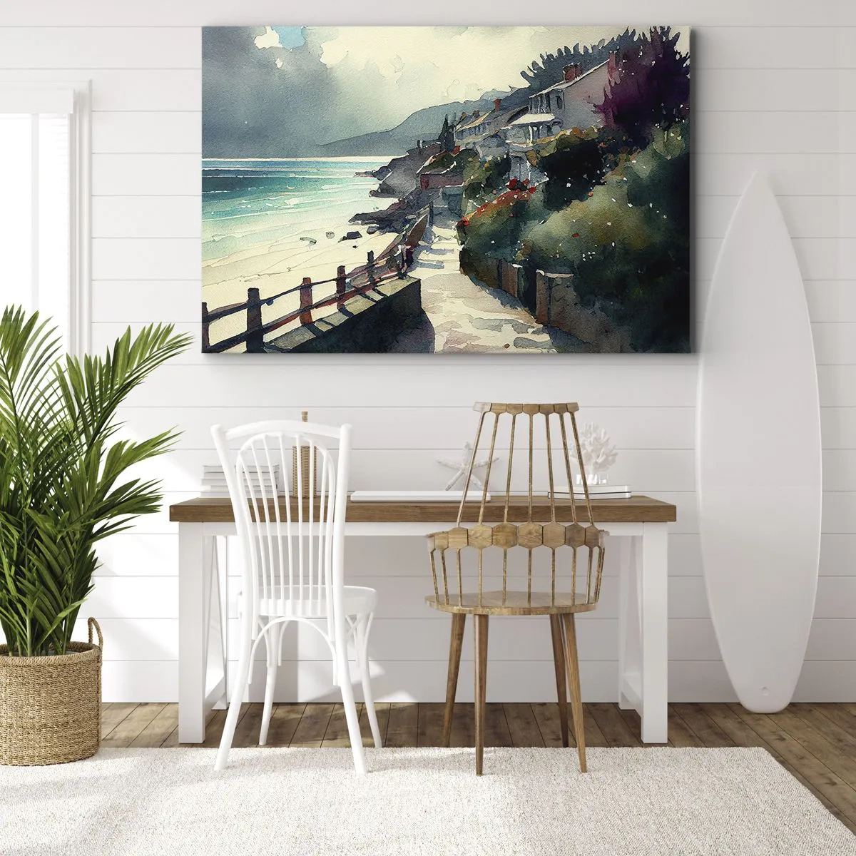 Impression sur toile - Image sur toile - Promenade en bord de mer avec maisons et végétation - 120x80cm - Ville méditerranéenne - Décoration murale moderne pour le salon et la chambre ARTTOR