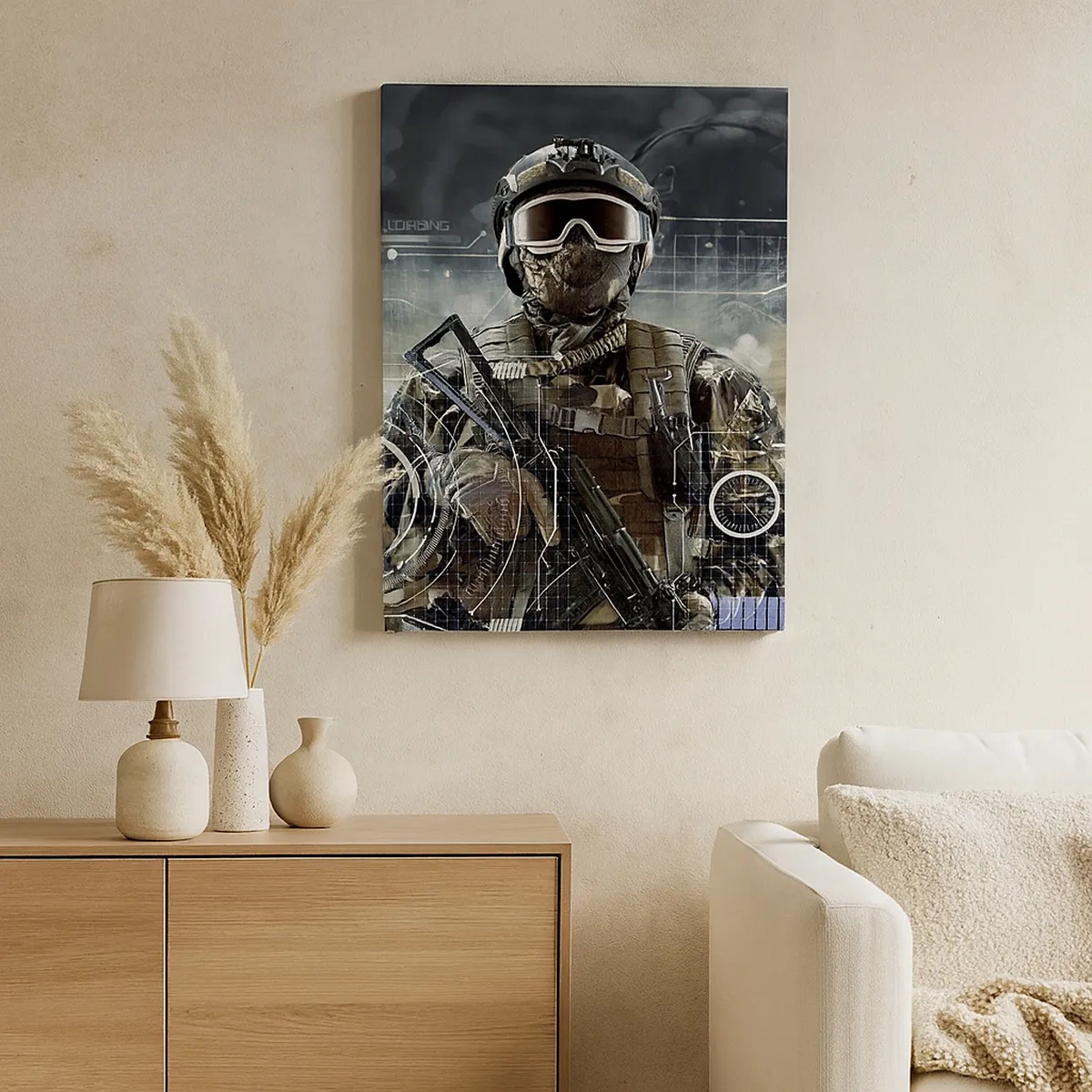 Impression sur toile - Image sur toile - Un soldat portant un casque futuriste avec une arme à feu en arrière-plan de la technologie. - 50x70cm - Puissance sans limite - Décoration murale moderne pour le salon et la chambre ARTTOR