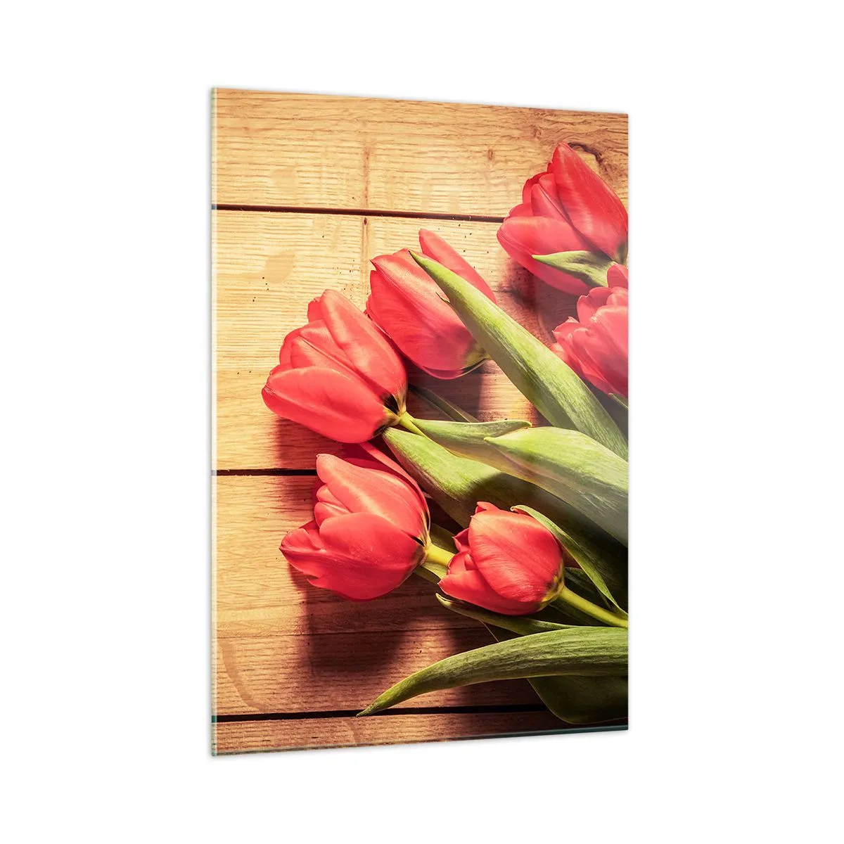 Impression sur verre - Image sur verre - Tulipes rouges sur une planche de bois - 50x70cm - Défi du printemps - Décoration murale moderne pour le salon et la chambre ARTTOR