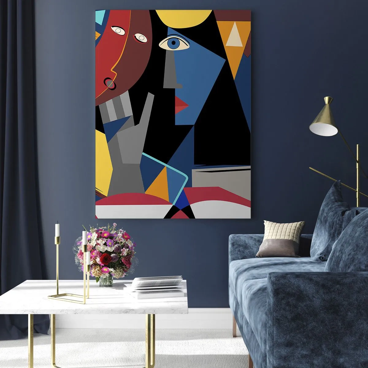 Impression sur verre - Image sur verre - Visages cubistes aux couleurs intenses - 70x100cm - Une conversation entre cubistes - Décoration murale moderne pour le salon et la chambre ARTTOR