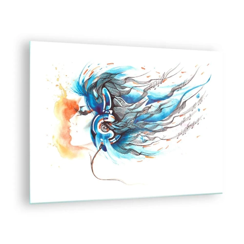 Impression sur verre - Image sur verre - Une femme aux cheveux bleus et portant un casque, dans une expression musicale - 70x50cm - Que la musique joue - Décoration murale moderne pour le salon et la chambre ARTTOR