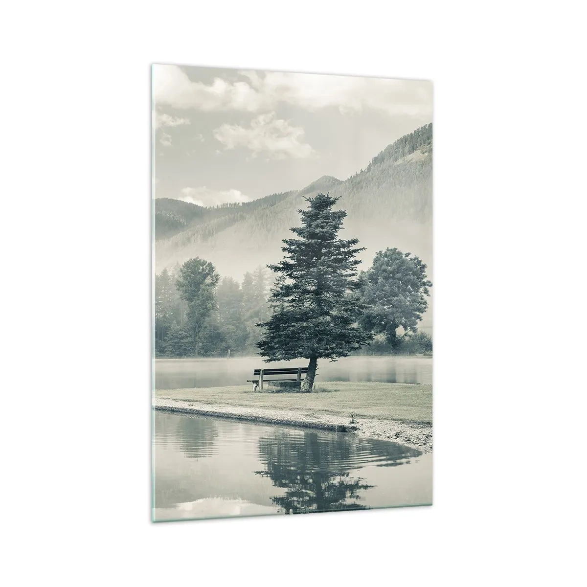 Impression sur verre - Image sur verre - Un lac pittoresque avec un banc et du brouillard en arrière-plan - 70x100cm - Le lac dort encore - Décoration murale moderne pour le salon et la chambre ARTTOR