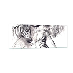 Impression sur verre - Image sur verre - Une femme dans une danse dynamique avec des zèbres dans une esthétique noir et blanc - 140x50cm - Danse avec les zèbres - Décoration murale moderne pour le salon et la chambre ARTTOR