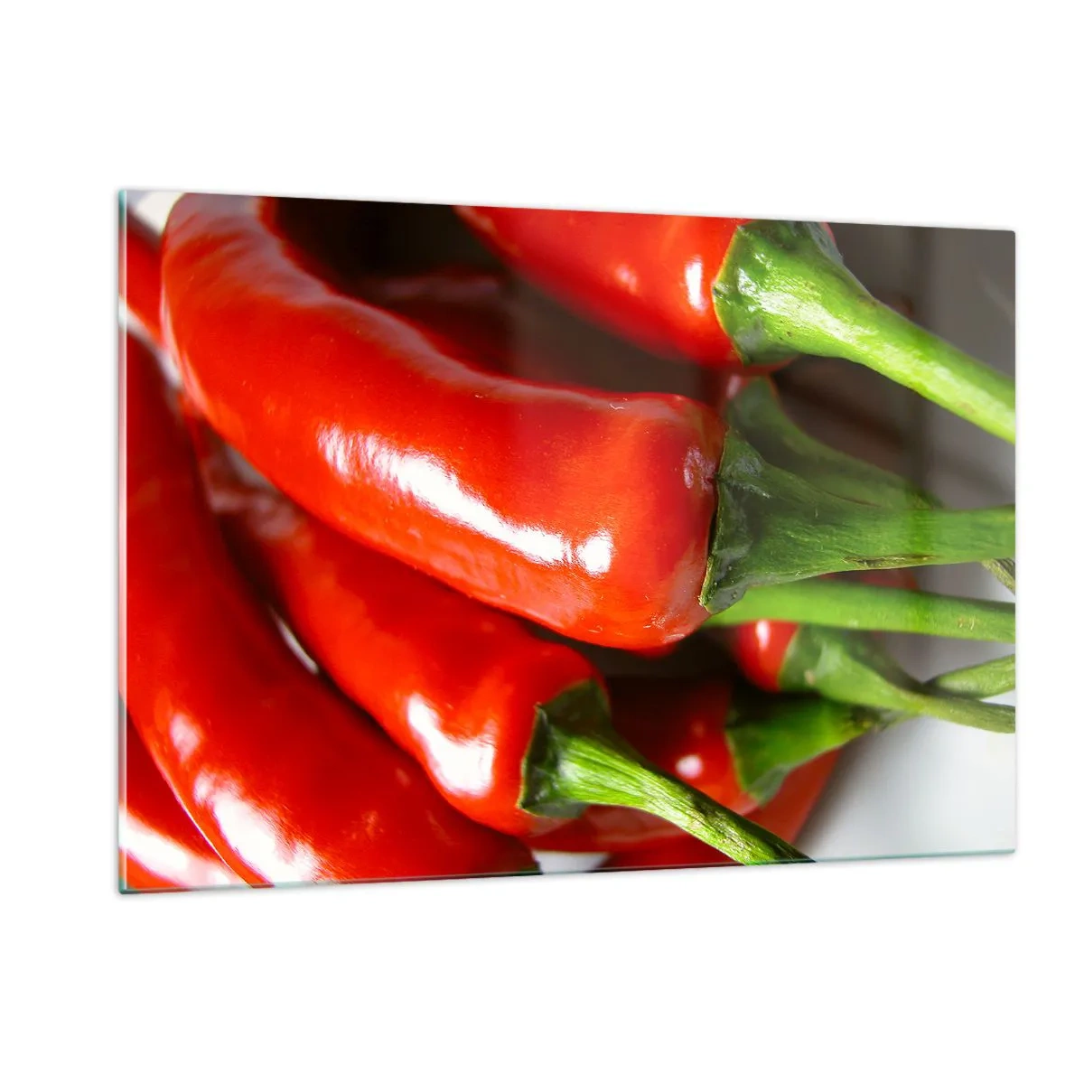 Impression sur verre - Image sur verre - Piments rouges avec des tiges vertes - 120x80cm - Juteux, brillant, lisse - Décoration murale moderne pour le salon et la chambre ARTTOR