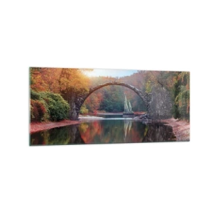 Impression sur verre - Image sur verre - Un pont de pierre dans un paysage d'automne sur une eau calme - 120x50cm - De l'autre cote du miroir - Décoration murale moderne pour le salon et la chambre ARTTOR