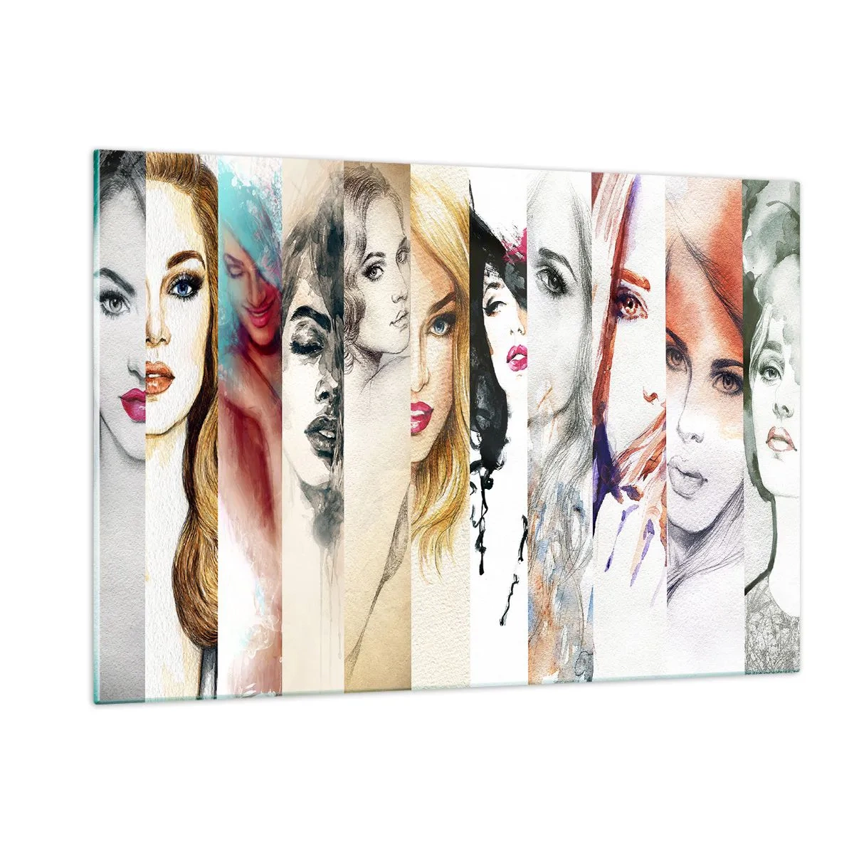 Impression sur verre - Image sur verre - Un collage de portraits de femmes dans divers styles artistiques. - 120x80cm - Et c'est toujours TOI - Décoration murale moderne pour le salon et la chambre ARTTOR