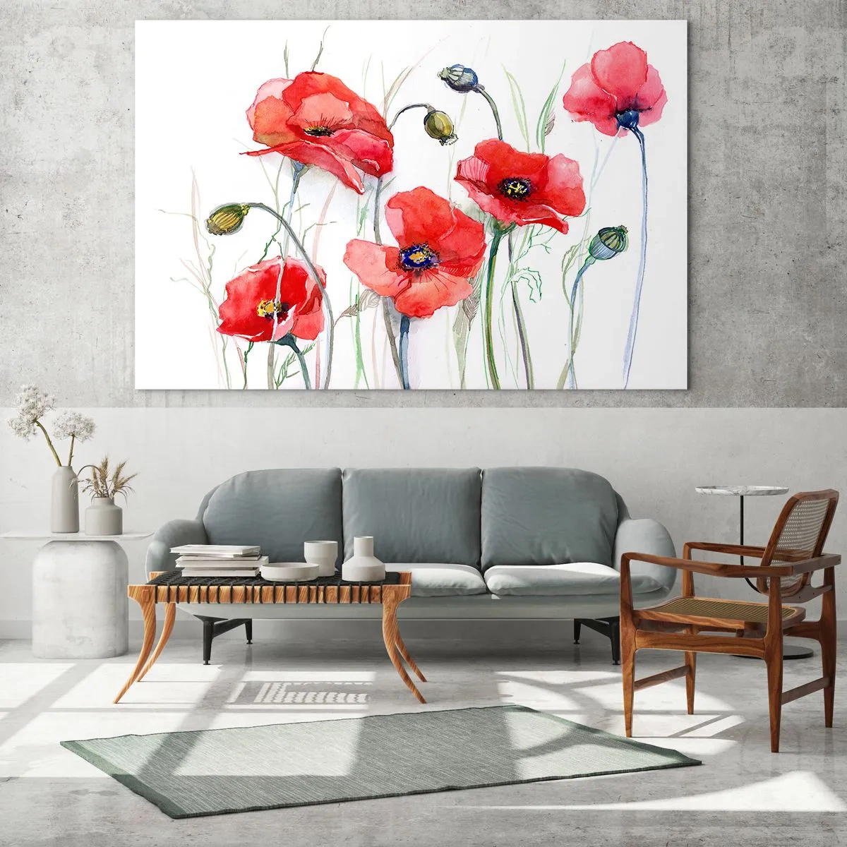 Impression sur verre - Image sur verre - Coquelicots rouges à l'aquarelle sur fond blanc - 120x80cm - Fleurs polonaises - Décoration murale moderne pour le salon et la chambre ARTTOR