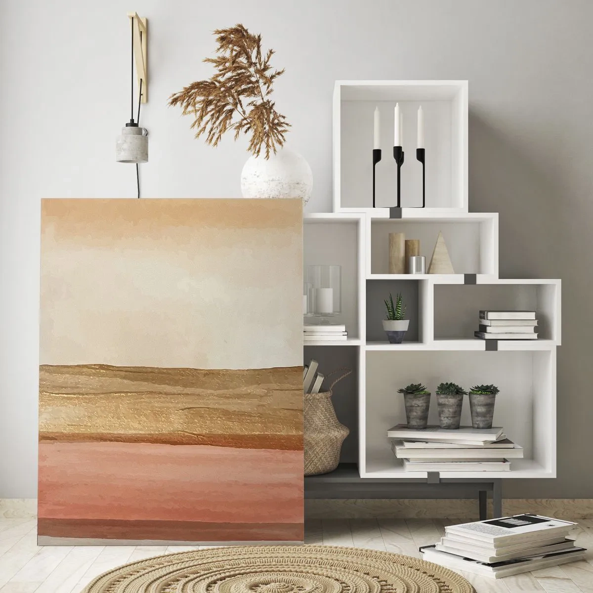 Impression sur verre - Image sur verre - Rayures abstraites dans les tons beige, or et rose sur toile - 70x100cm - Composition verticale - Décoration murale moderne pour le salon et la chambre ARTTOR
