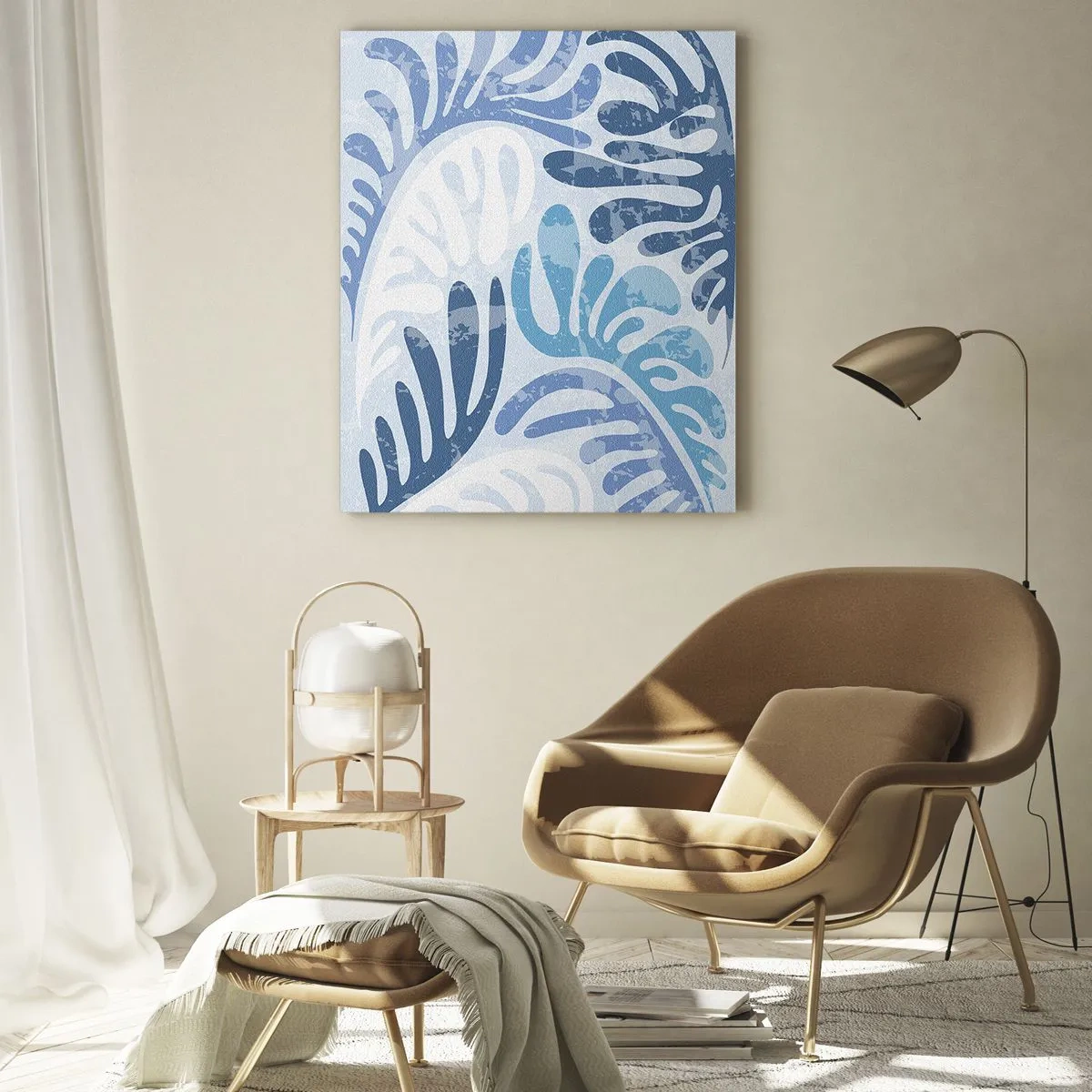 Impression sur verre - Image sur verre - Formes abstraites dans des tons de bleu sur fond blanc - 70x100cm - Fougères bleues - Décoration murale moderne pour le salon et la chambre ARTTOR