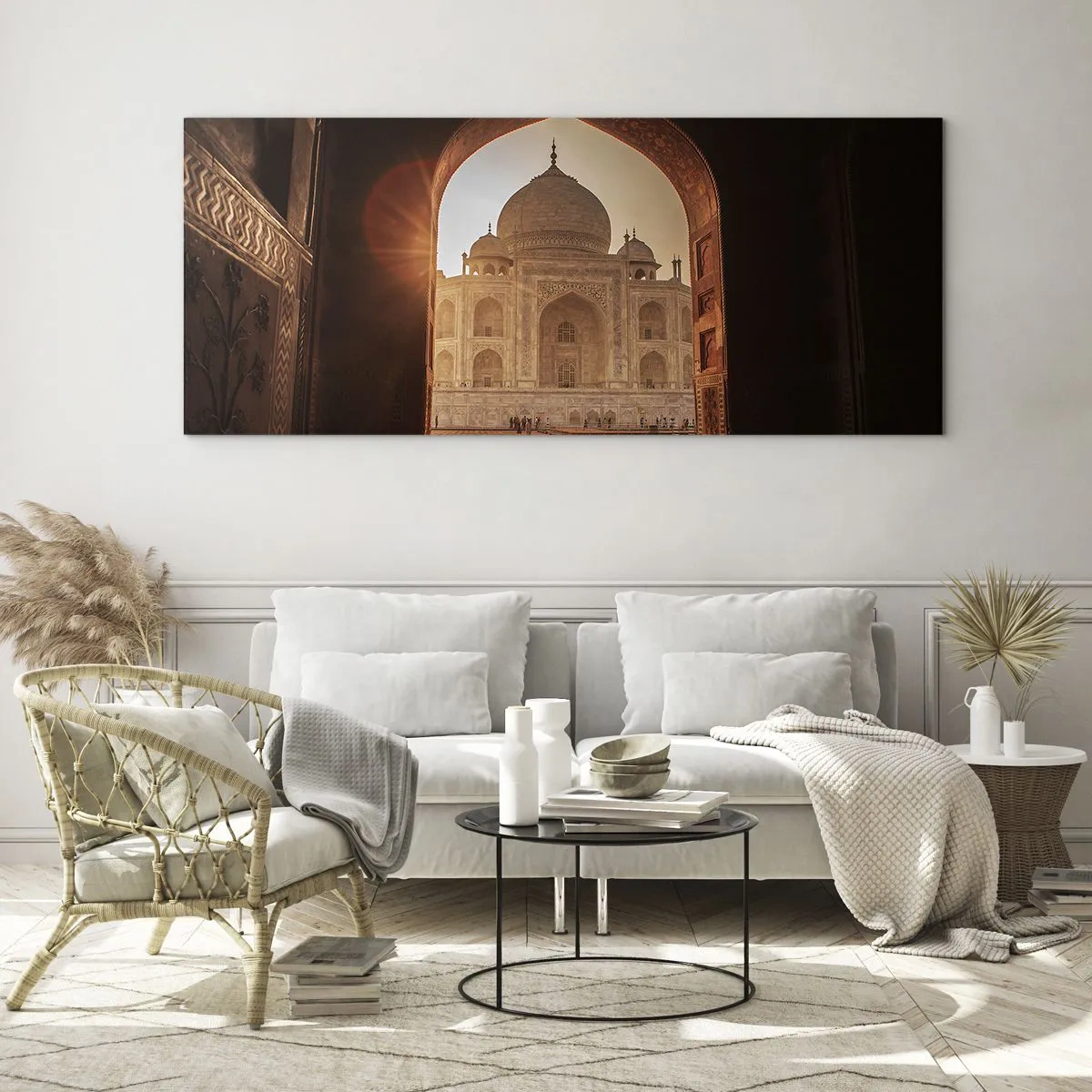 Impression sur verre - Image sur verre - Le Taj Mahal au soleil vu depuis l'arche de la porte - 120x50cm - Un monument à l'amour surnaturel - Décoration murale moderne pour le salon et la chambre ARTTOR