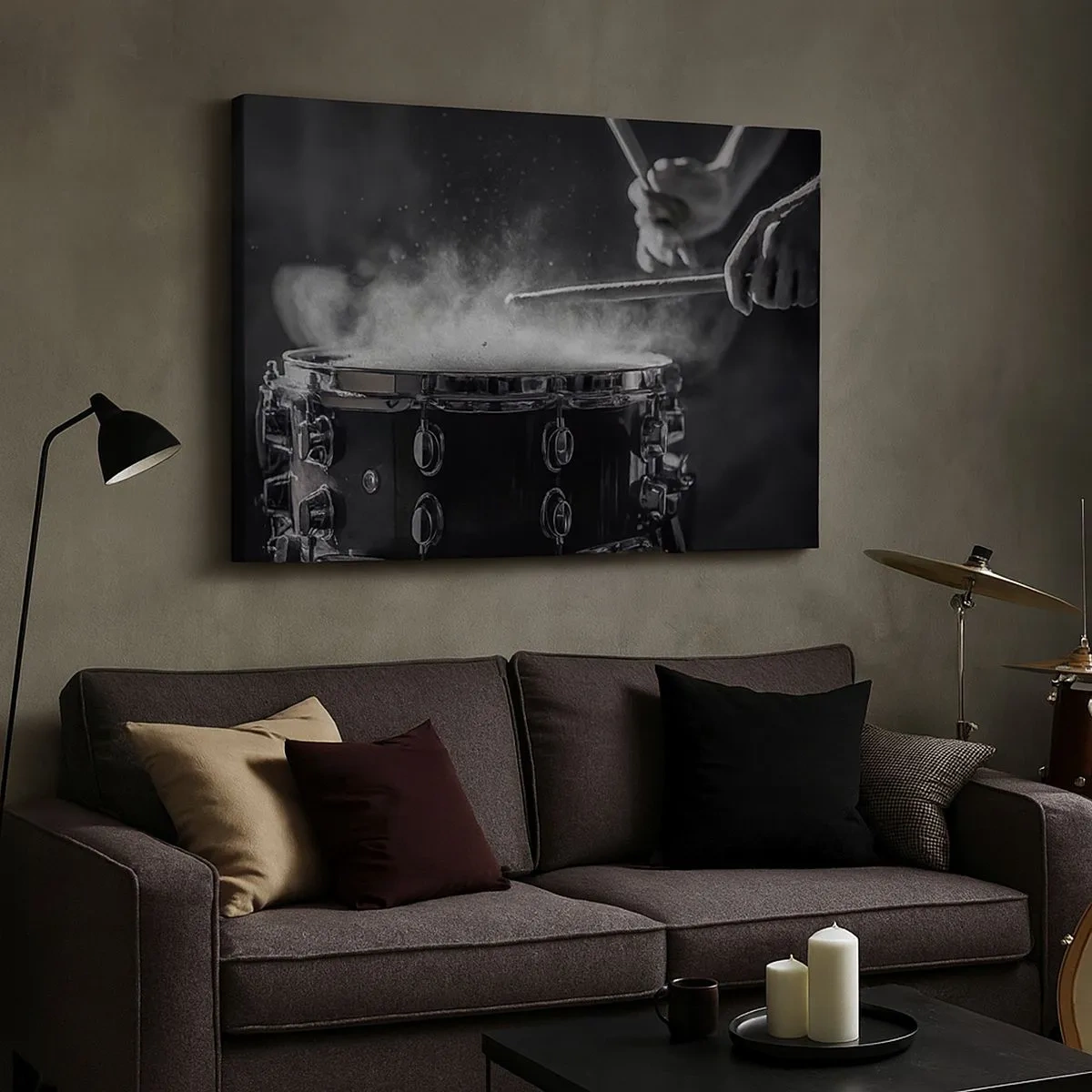 Impression sur toile - Image sur toile - Frapper la caisse claire avec des baguettes avec un effet de poussière - 70x50cm - Tempo de la musique - Décoration murale moderne pour le salon et la chambre ARTTOR
