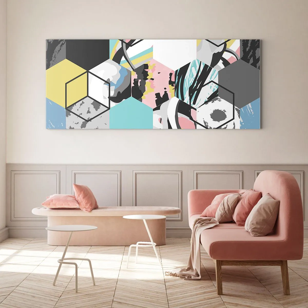 Impression sur verre - Image sur verre - Hexagones et cubes en six couleurs - 100x40 cm