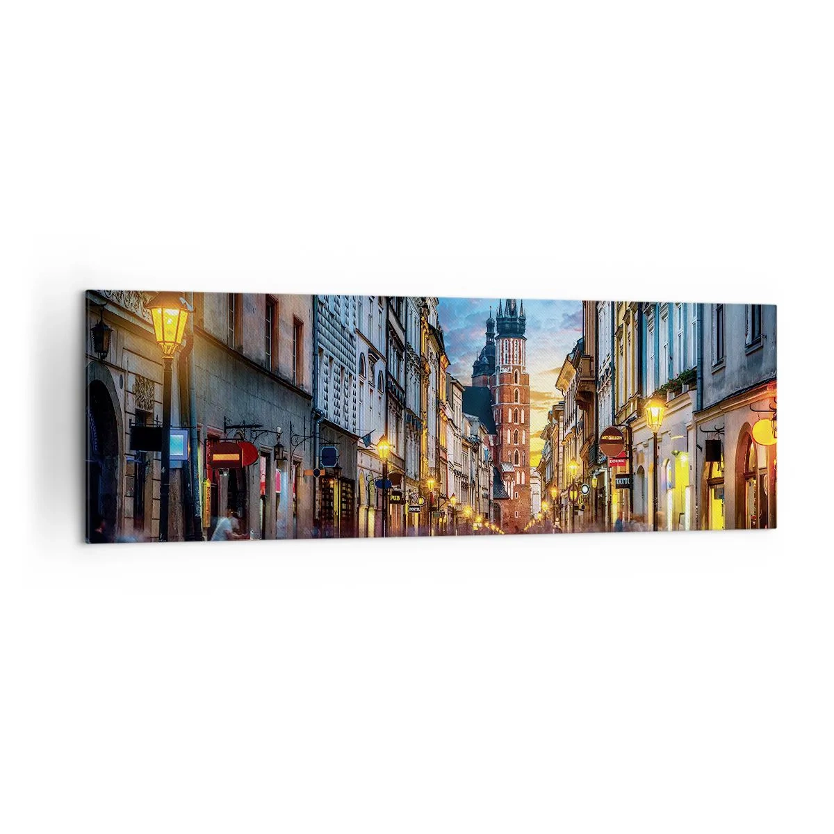 Impression sur toile - Image sur toile - Rue du soir avec vue sur la cathédrale de Cracovie - 160x50cm - La magie de Cracovie - Décoration murale moderne pour le salon et la chambre ARTTOR