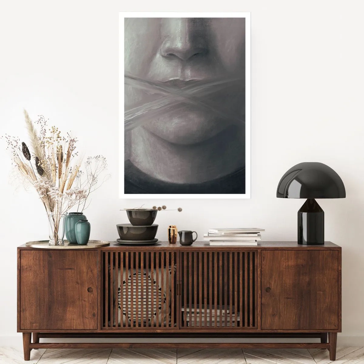 Affiche - Poster - Un visage symbolique avec une bouche couverte aux couleurs monochromes. - 50x70cm - Sans mot - Décoration murale moderne pour le salon et la chambre ARTTOR