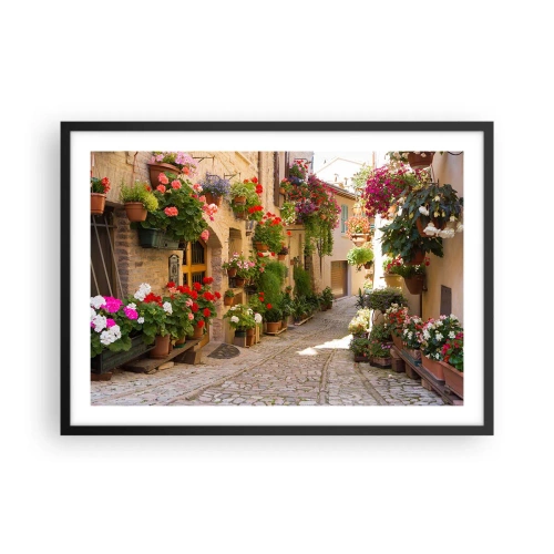 Affiche dans un cadre noir - Poster - Une rue avec des pots de fleurs et des murs de pierre - 70x50cm - Une inondation de fleurs - Décoration murale moderne pour le salon et la chambre ARTTOR
