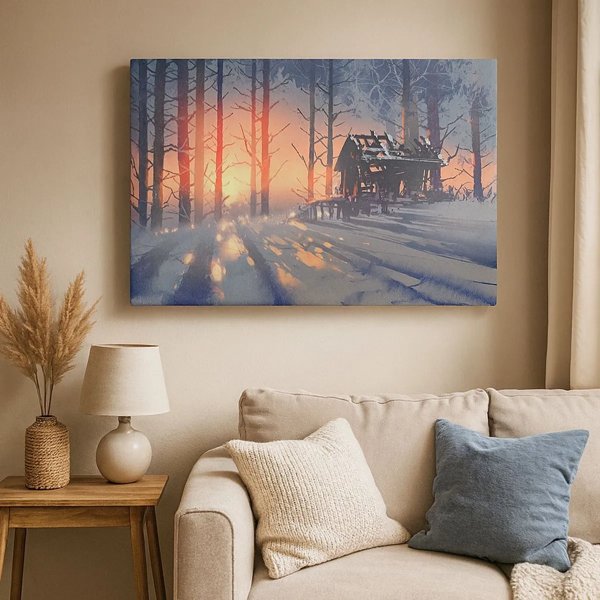 Impression sur toile - Image sur toile - Un chalet forestier dans un paysage hivernal avec les rayons du soleil couchant - 70x50cm - Seul le soleil regarde ici - Décoration murale moderne pour le salon et la chambre ARTTOR