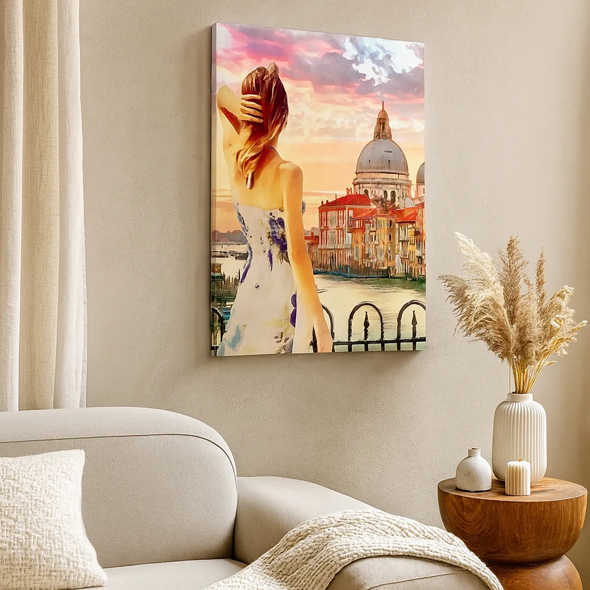 Impression sur toile - Image sur toile - Une femme admirant le paysage pittoresque au bord du canal - 50x70cm - Pour une aventure c'est uniquement dans ... - Décoration murale moderne pour le salon et la chambre ARTTOR