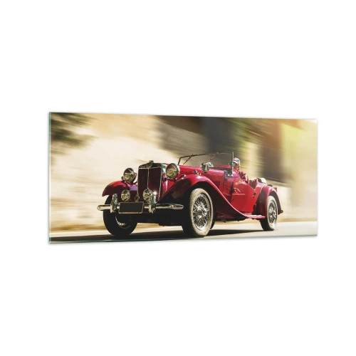 Impression sur verre - Image sur verre - Voiture classique rouge en mouvement dans une rue ensoleillée - 120x50cm - Plus belle que Nike de Samothrace - Décoration murale moderne pour le salon et la chambre ARTTOR