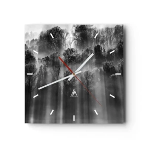 Horloge murale - Pendule murale - Forêt noire et blanche dans la lumière du matin - 30x30cm - Dans les flots de lumière - Décoration murale moderne pour le salon et la chambre ARTTOR