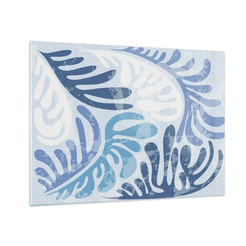 Impression sur verre - Image sur verre - Feuilles de fougère décoratives dans des tons bleus sur fond clair - 70x50cm - Fougères bleues - Décoration murale moderne pour le salon et la chambre ARTTOR