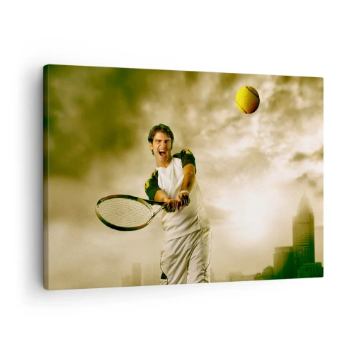 Impression sur toile - Image sur toile - Joueur de tennis en action lors d'un match avec en toile de fond un paysage urbain - 70x50cm - Énergie et joie - Décoration murale moderne pour le salon et la chambre ARTTOR