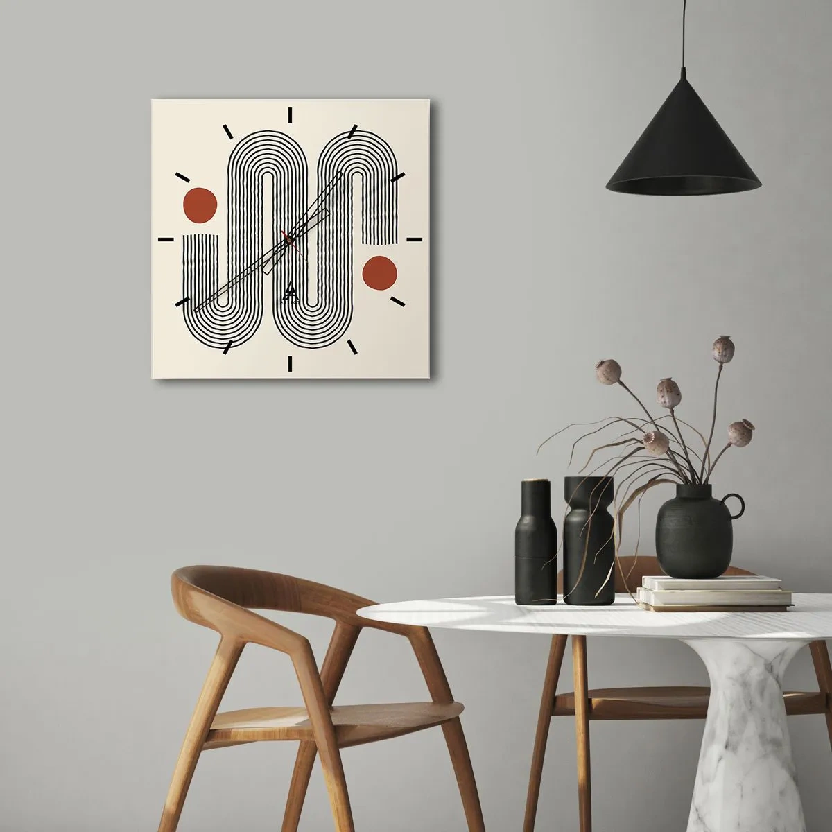 Horloge murale - Pendule murale - Motif géométrique avec des lignes et des cercles orange - 30x30cm - Du début à la fin - Décoration murale moderne pour le salon et la chambre ARTTOR