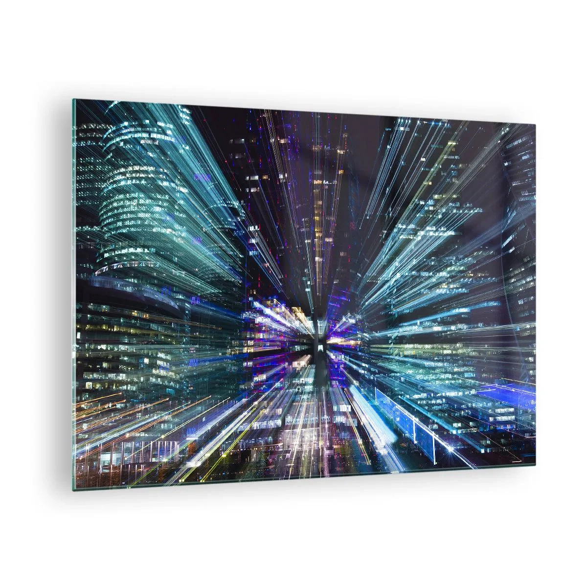 Impression sur verre - Image sur verre - Lignes lumineuses dynamiques sur fond de ville nocturne - 70x50cm - Transition vers l'hyperespace - Décoration murale moderne pour le salon et la chambre ARTTOR