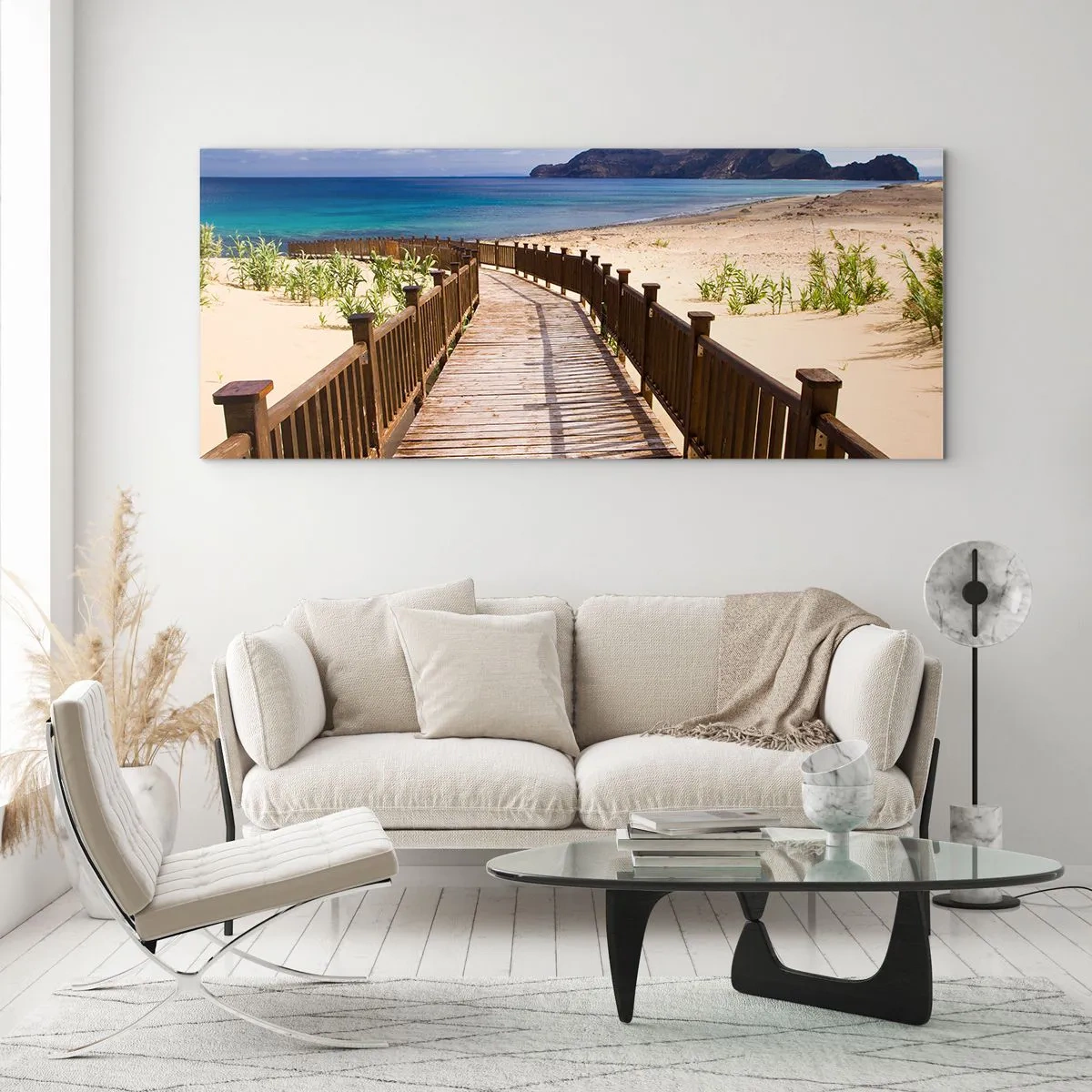 Impression sur verre - Image sur verre - Chemin en bois menant à la plage avec vue sur l'océan - 140x50cm - Emmène-moi dans les îles du bonheur - Décoration murale moderne pour le salon et la chambre ARTTOR