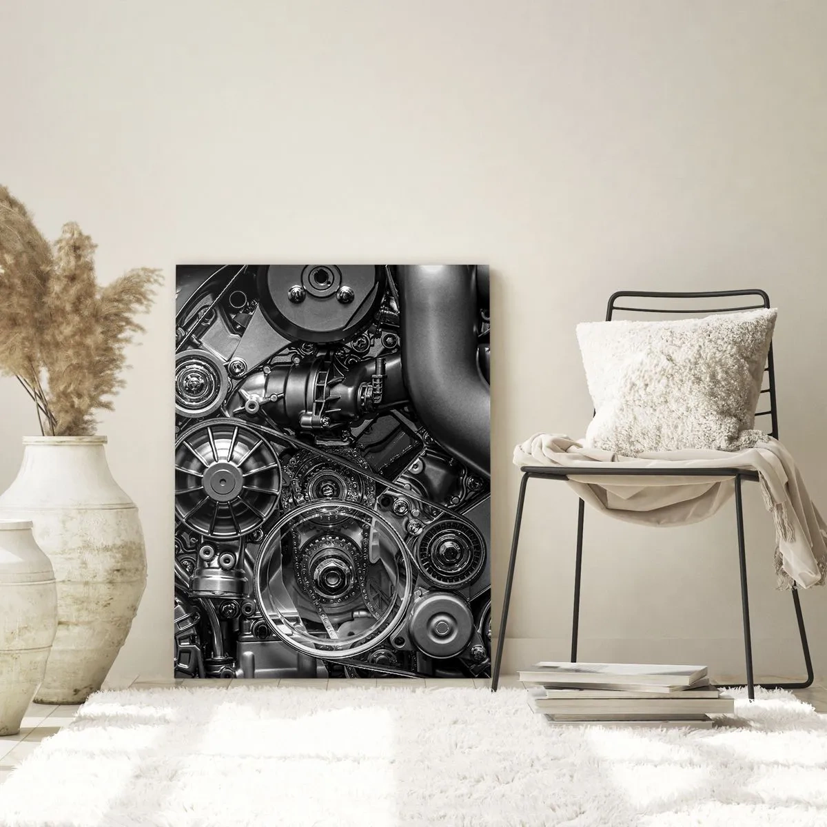 Impression sur verre - Image sur verre - Gros plan noir et blanc des détails mécaniques d'un moteur de voiture. - 70x100cm - Poésie mécanique - Décoration murale moderne pour le salon et la chambre ARTTOR