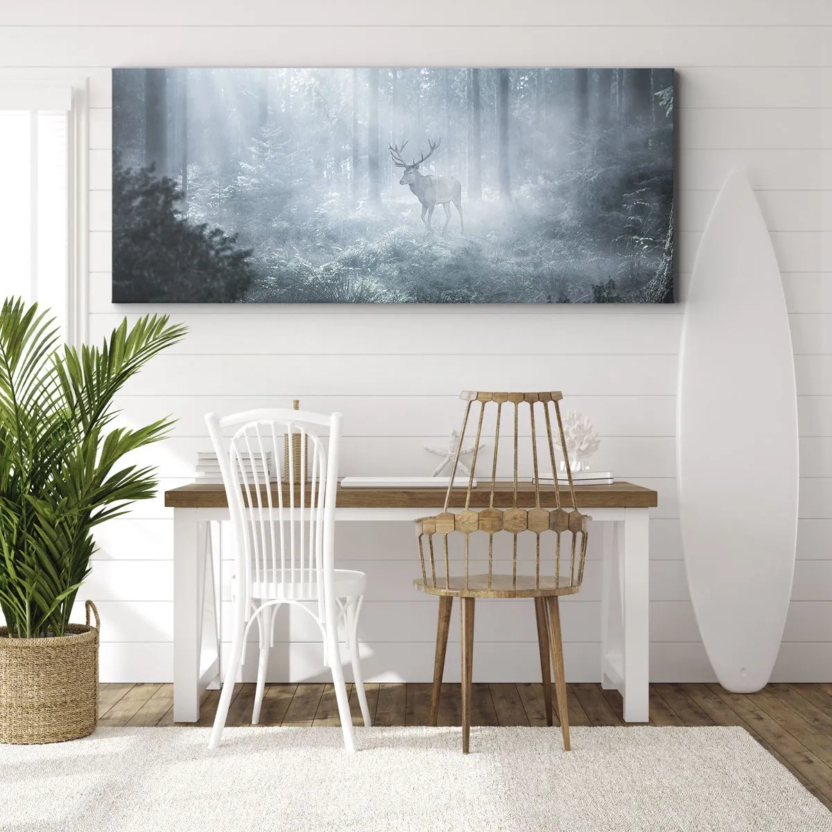 Impression sur toile - Image sur toile - Un cerf dans une forêt dense enveloppée de brume matinale - 160x50cm - Visite matinale du domaine - Décoration murale moderne pour le salon et la chambre ARTTOR