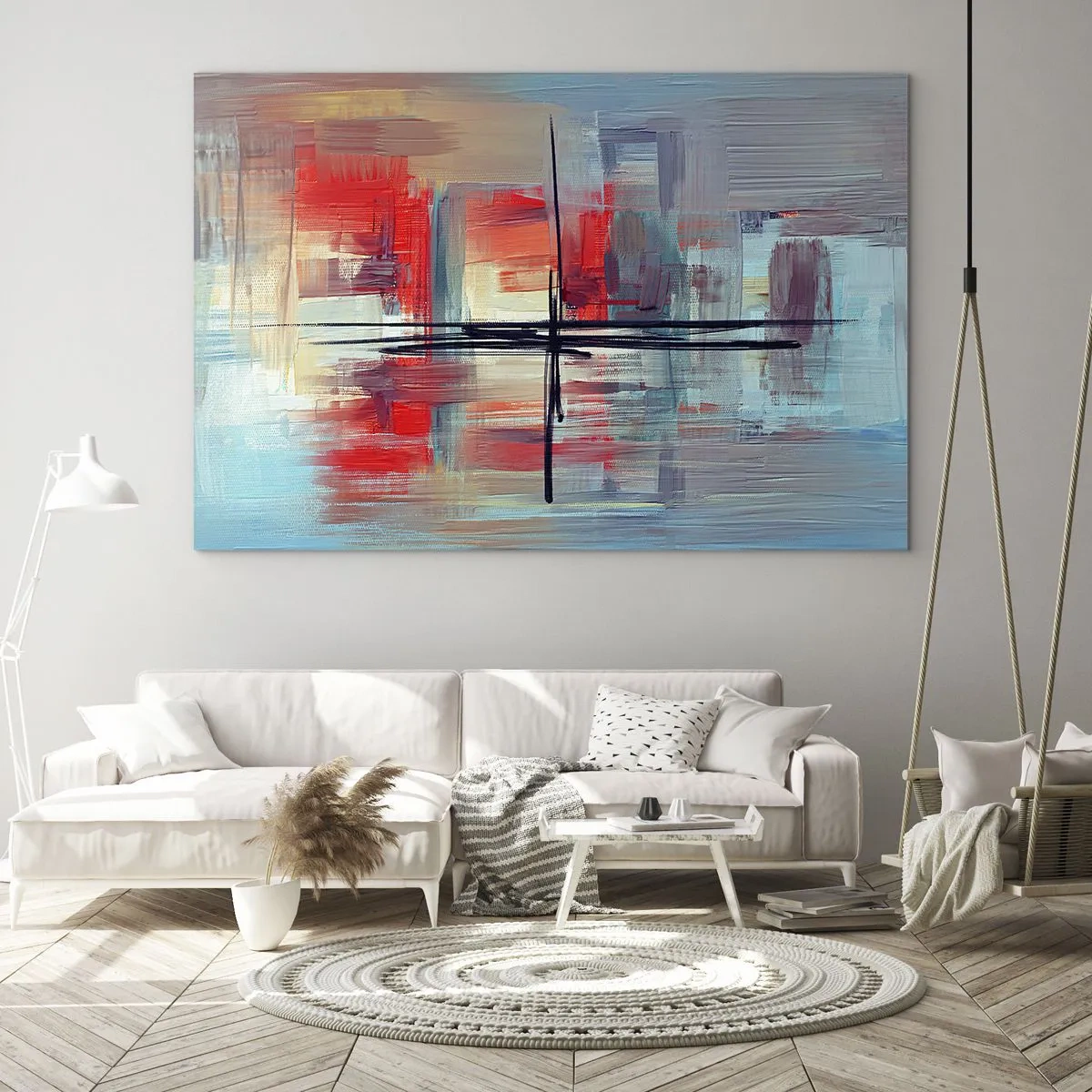 Impression sur verre - Image sur verre - Une abstraction colorée avec du rouge et du bleu, inspirée d'un paysage. - 70x50cm - Un paysage dans une dimension inconnue - Décoration murale moderne pour le salon et la chambre ARTTOR
