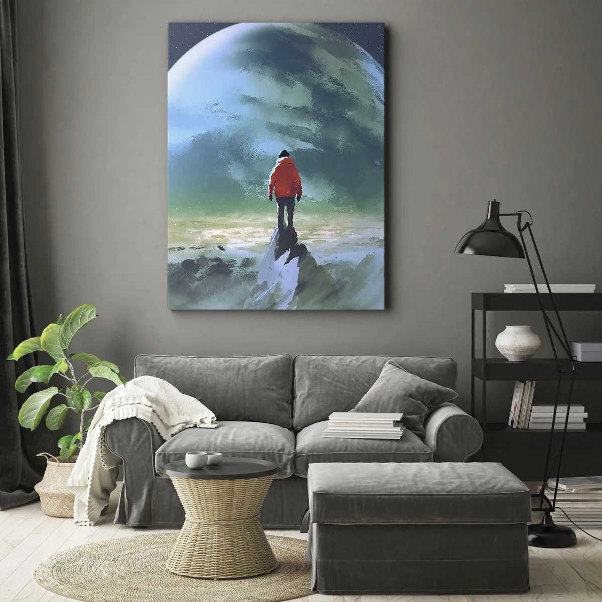 Impression sur toile - Image sur toile - Un homme portant une veste rouge debout devant une grande planète avec des étoiles en arrière-plan. - 80x120cm - Explorateur de la nouvelle terre - Décoration murale moderne pour le salon et la chambre ARTTOR
