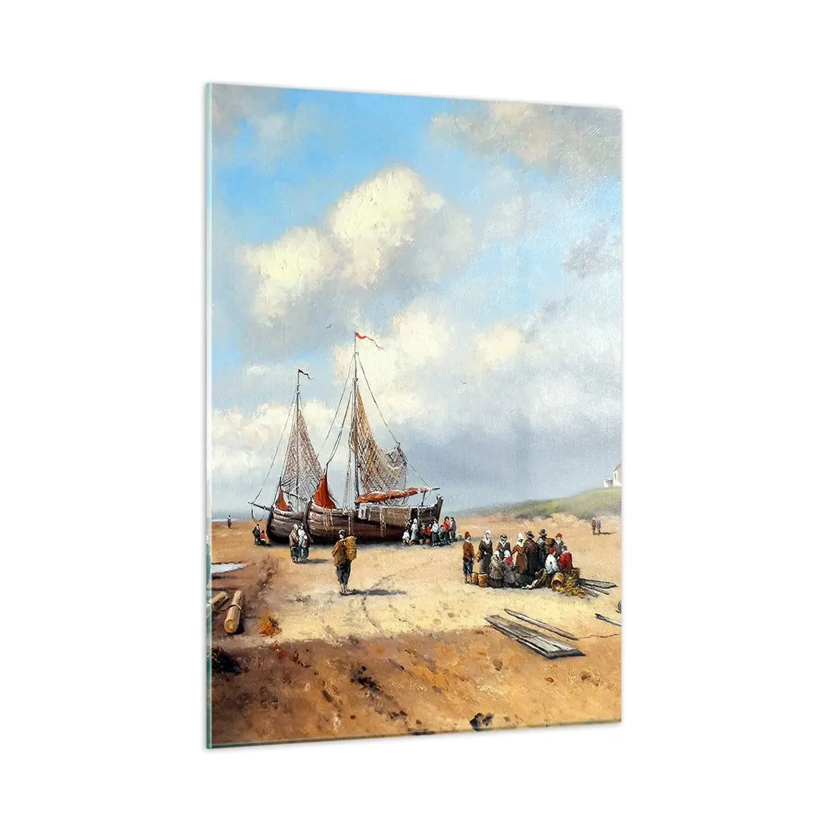 Impression sur verre - Image sur verre - Scène de plage avec des bateaux de pêche et des pêcheurs - 50x70cm - Après une capture réussie - Décoration murale moderne pour le salon et la chambre ARTTOR