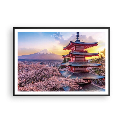Affiche dans un cadre noir - Poster - Une pagode au Japon avec des cerisiers en fleurs et le mont Fuji - 100x70cm - Essence d'âme japonnaise - Décoration murale moderne pour le salon et la chambre ARTTOR