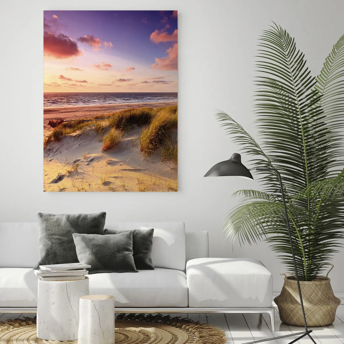 Impression sur verre - Image sur verre - Une plage herbeuse et un coucher de soleil sur une mer calme - 80x120cm - L'air sent déjà l'été - Décoration murale moderne pour le salon et la chambre ARTTOR