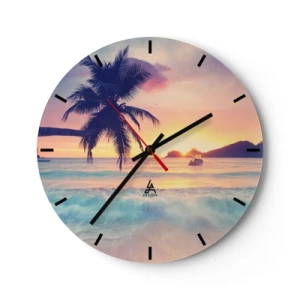 Horloge murale - Pendule murale - Plage tropicale avec palmier au coucher du soleil - 30x30cm - Une soirée à la baie - Décoration murale moderne pour le salon, la cuisine et la chambre ARTTOR