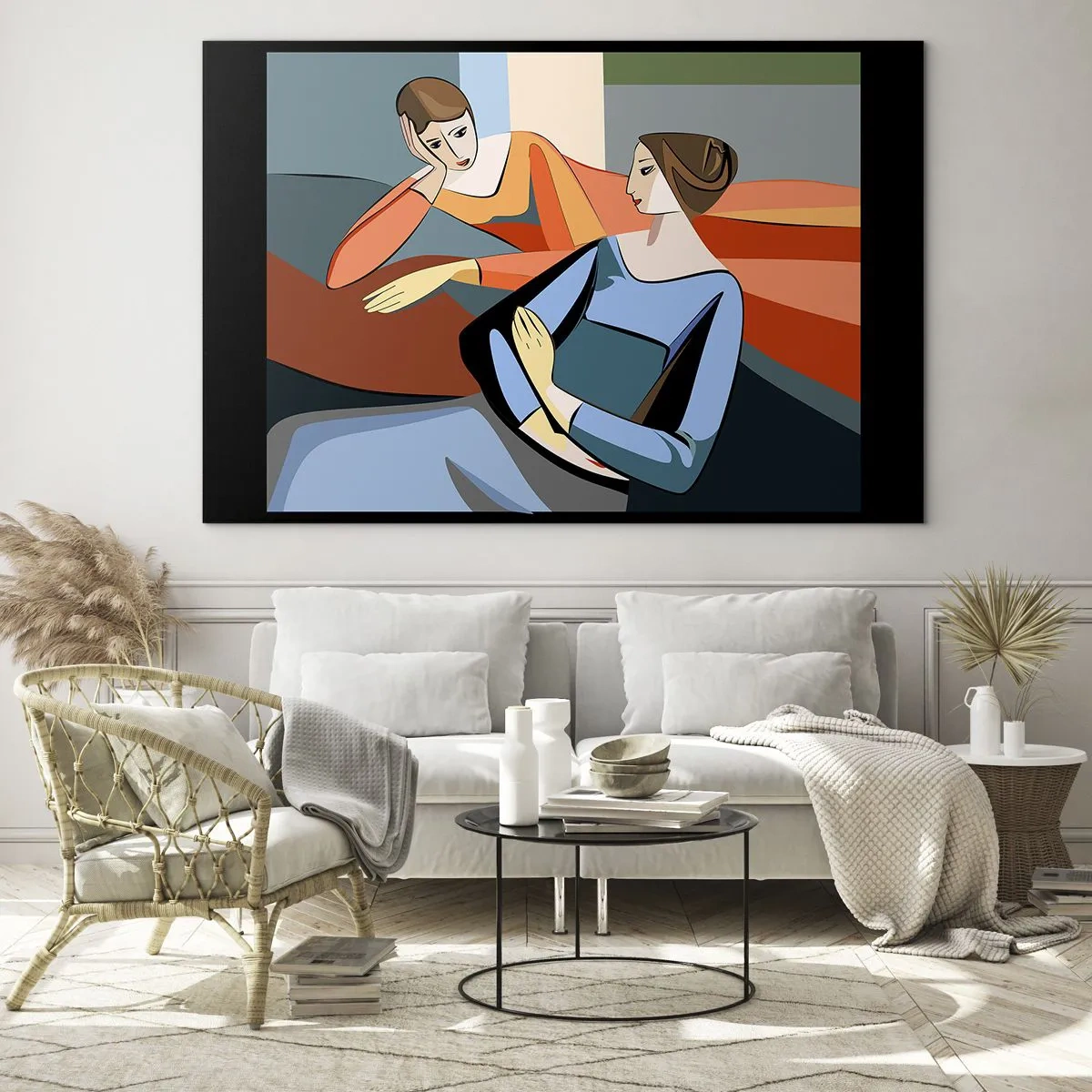 Impression sur verre - Image sur verre - Une scène géométrique d'une conversation entre deux femmes sur fond d'intérieur. - 120x80cm - Un moment de confiance - Décoration murale moderne pour le salon et la chambre ARTTOR
