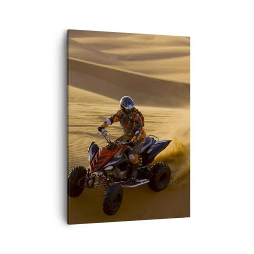 Impression sur toile - Image sur toile - Un motocycliste sur un quad traversant à toute vitesse les dunes de sable du désert - 50x70cm - Sur les vagues de sable - Décoration murale moderne pour le salon et la chambre ARTTOR