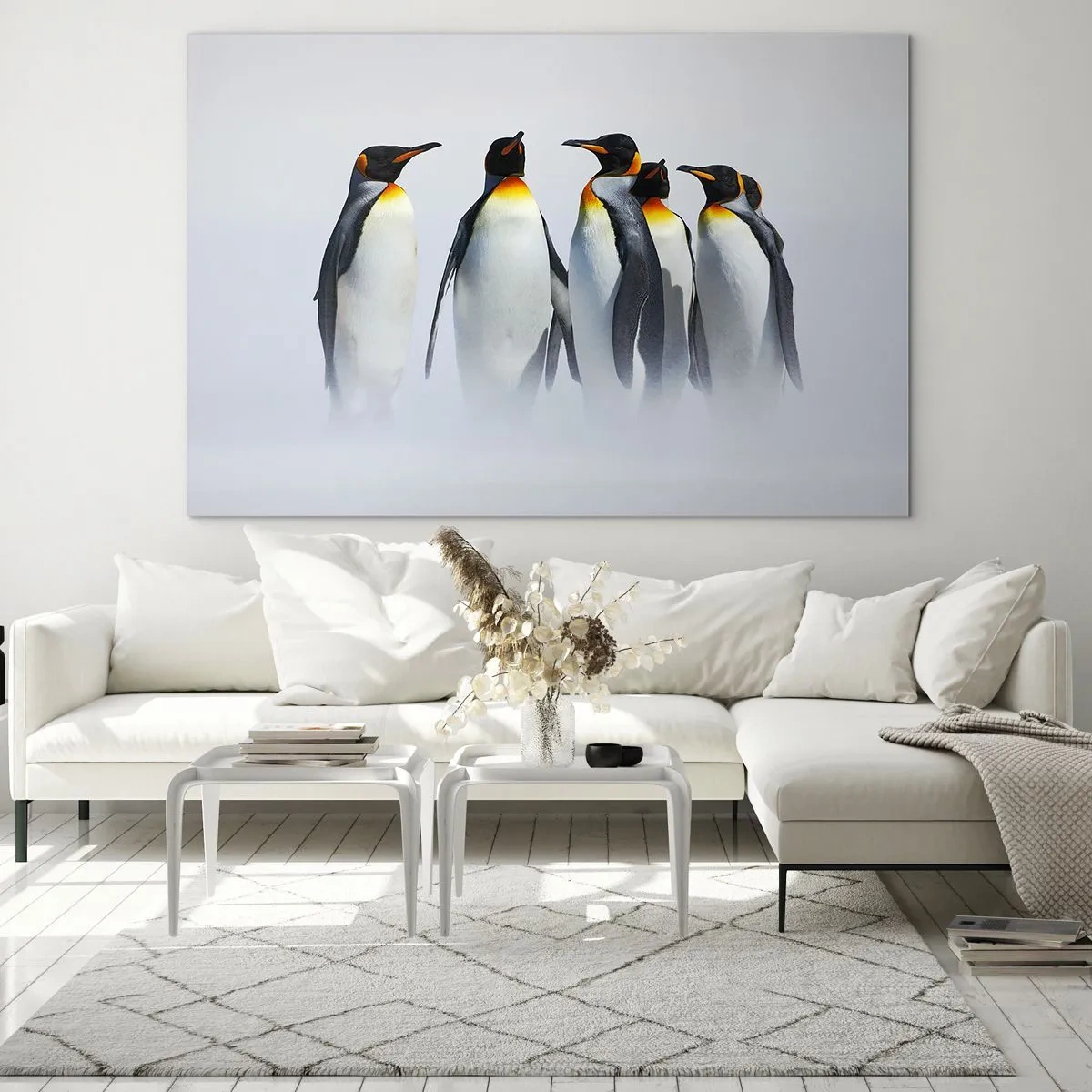 Impression sur verre - Image sur verre - Un groupe de pingouins dans un paysage hivernal - 120x80cm - Rencontre en robes de soirée - Décoration murale moderne pour le salon et la chambre ARTTOR